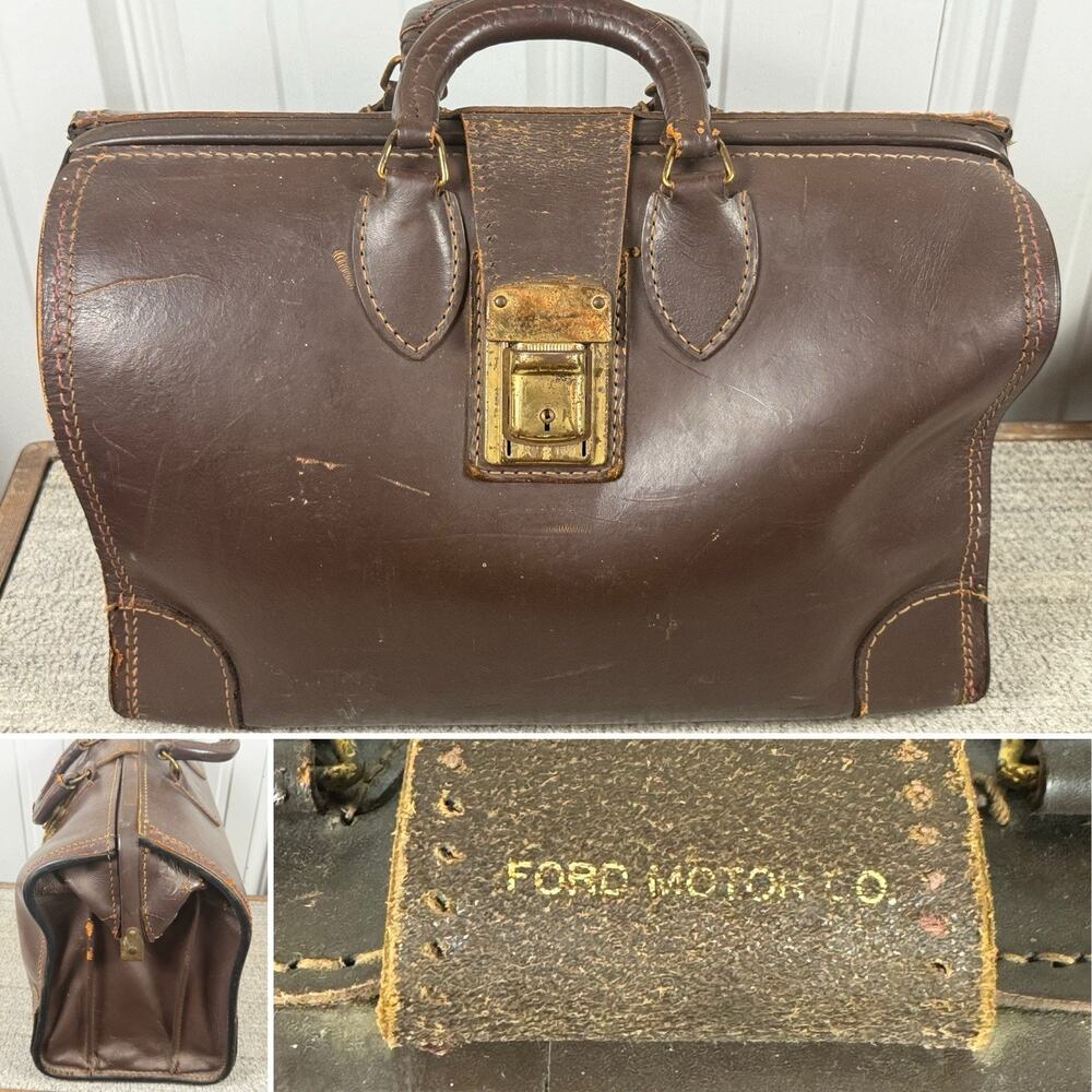 Ford Motor Co Old Brown Leather Suitcase- Many Flaws But Beauty- App 11”H 16” L